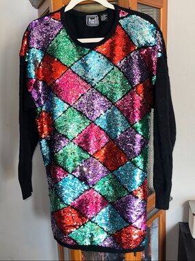 Multicolor Vintage  Sequin Diamond-Pattern Sweater with Black Sleeves